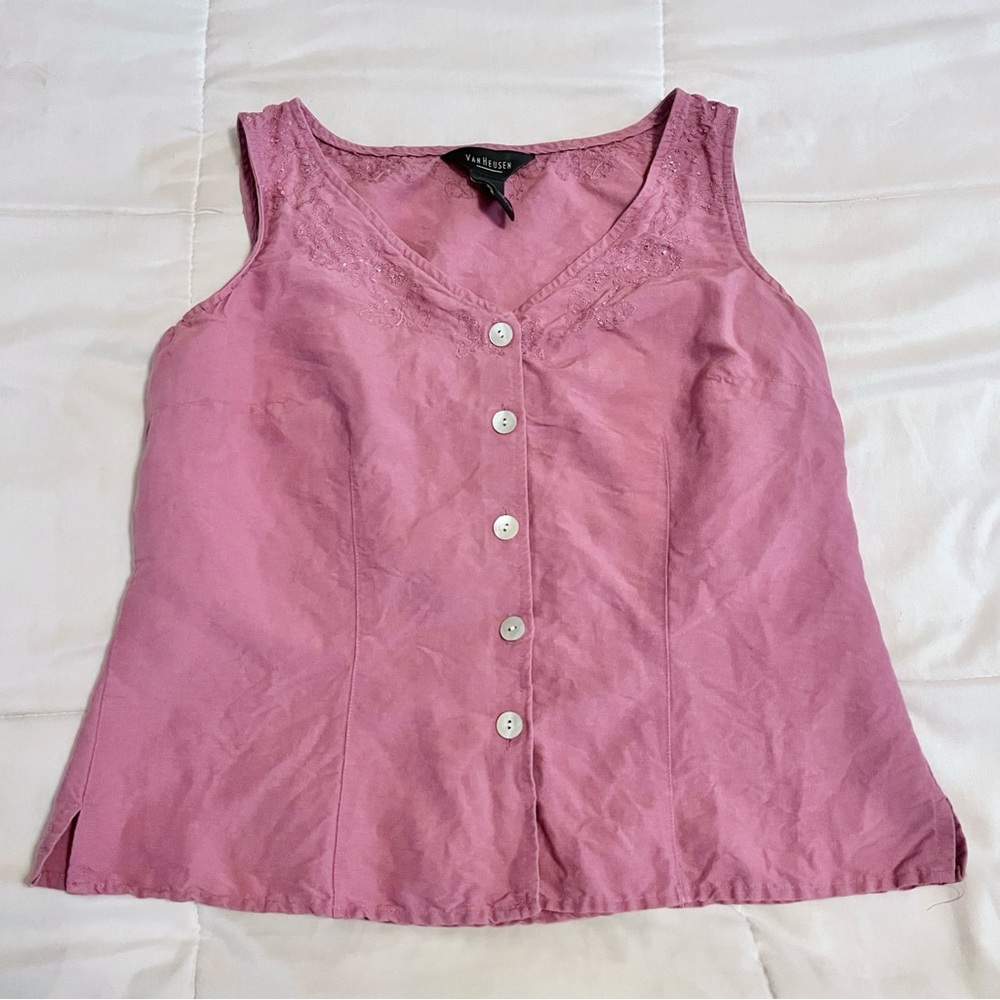 Van Heusen Mauve Linen Blend Embroidered Vest Sleeveless Top Women’s size M 90s